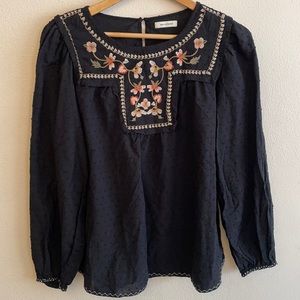 Max Studio Black Floral Embroidered Peasant Eyelet Top Shirt